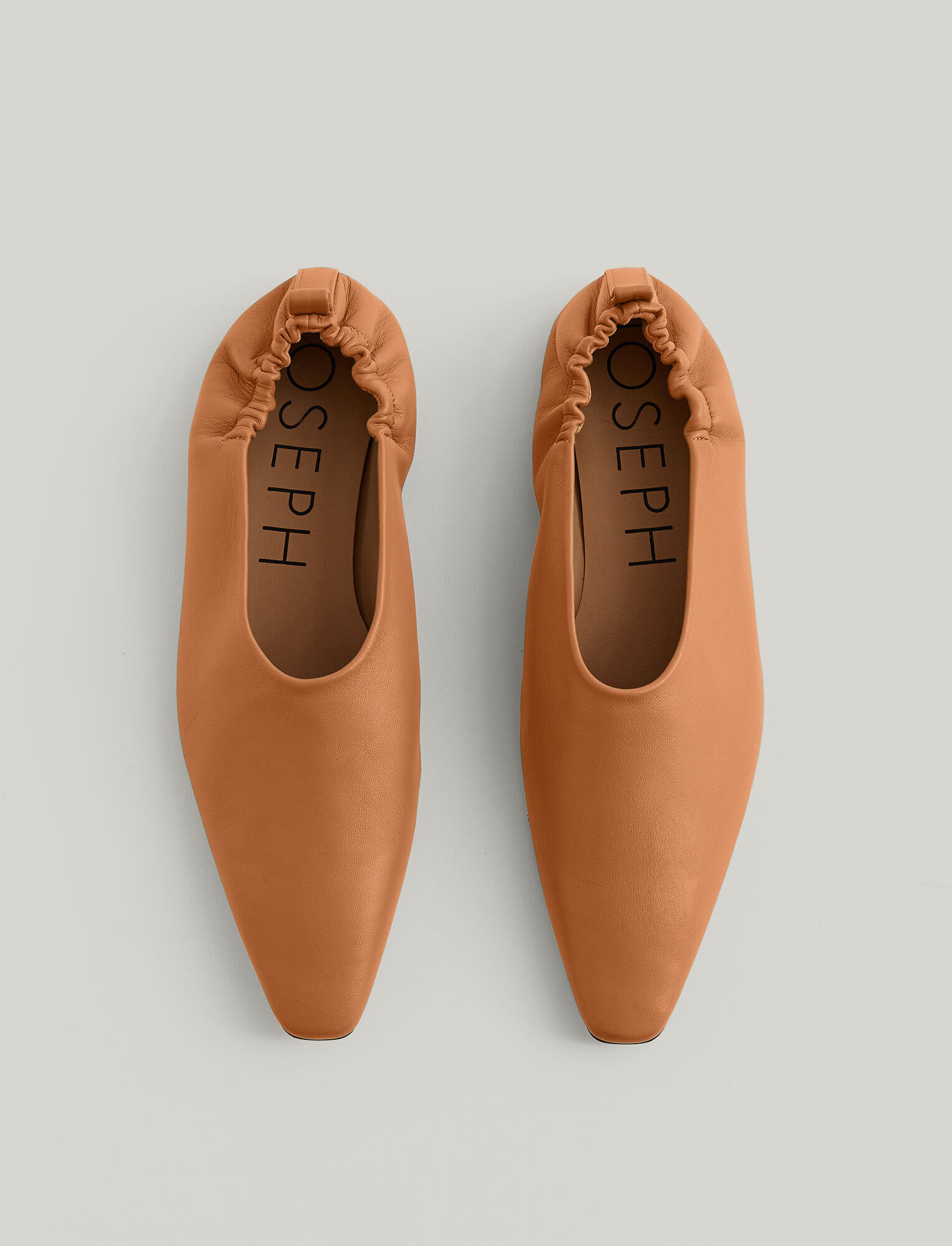 Joseph, Leather Pointy Ballerina Shoes, in Caramel
